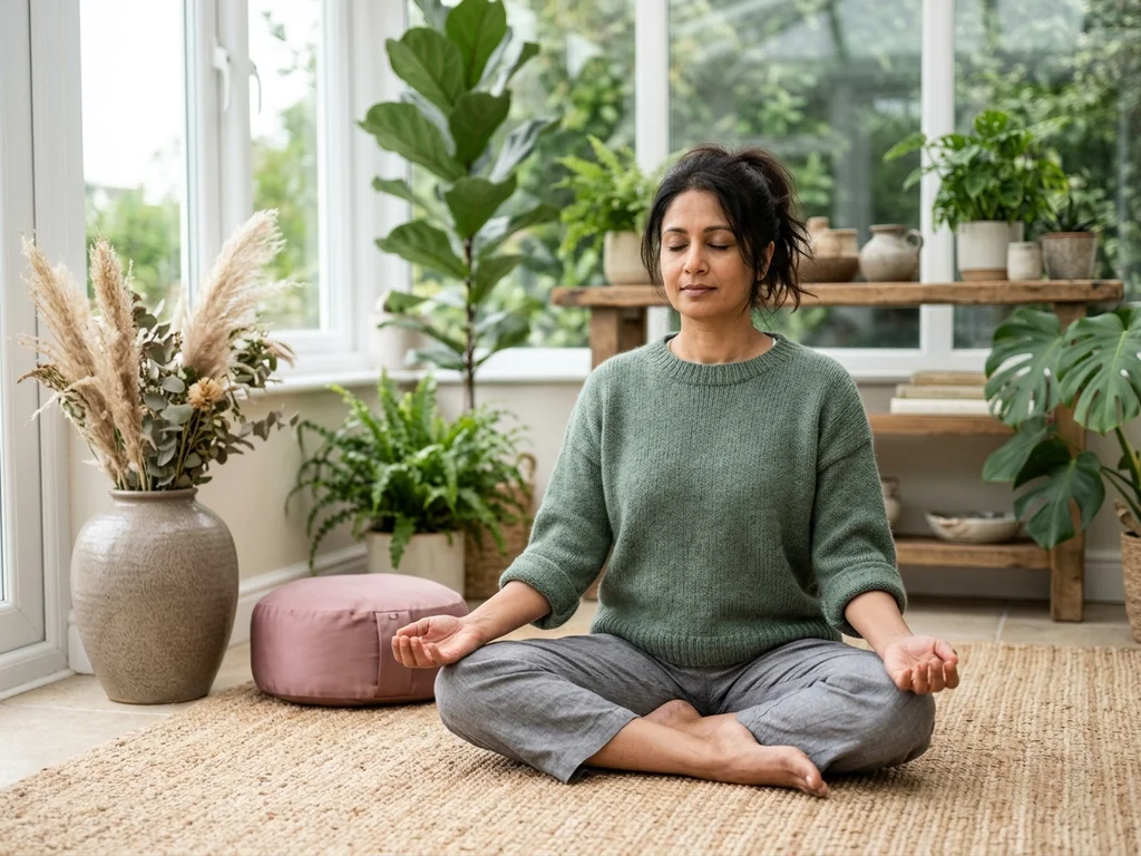 Femme sereine pratiquant la respiration rythmée pour la cohérence cardiaque 3-6-5 dans un salon calme.